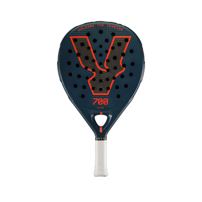 Padel racket with black and orange design on a white background
