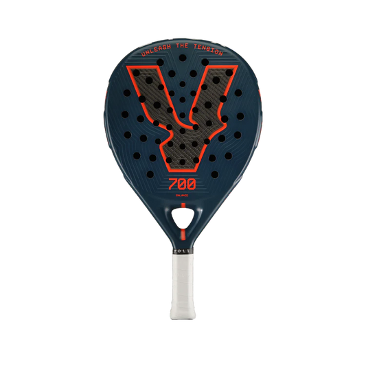 Padel racket with black and orange design on a white background