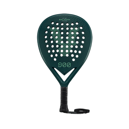 Green tennis racket with black handle on a white background
