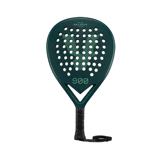 Green tennis racket with black handle on a white background