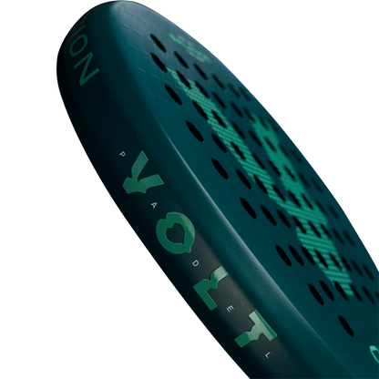 Close-up of a green tennis racket with brand logo on a white background