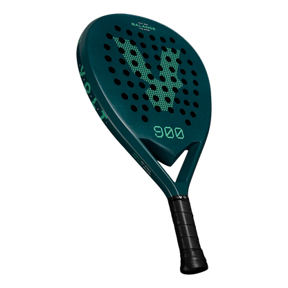 Green paddle racket with brand logo on a white background