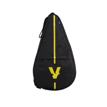Black tennis racket bag with yellow logo and zipper on a white background