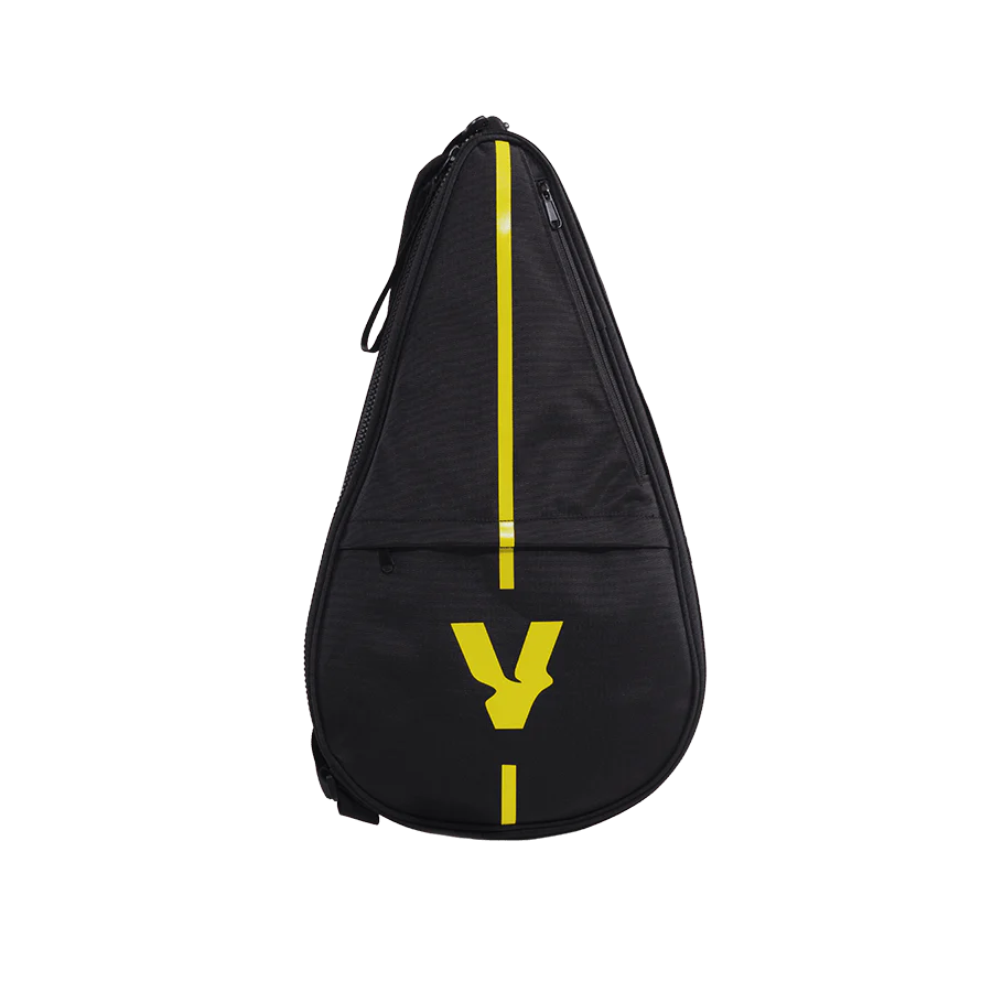 Black tennis racket bag with yellow logo and zipper on a white background