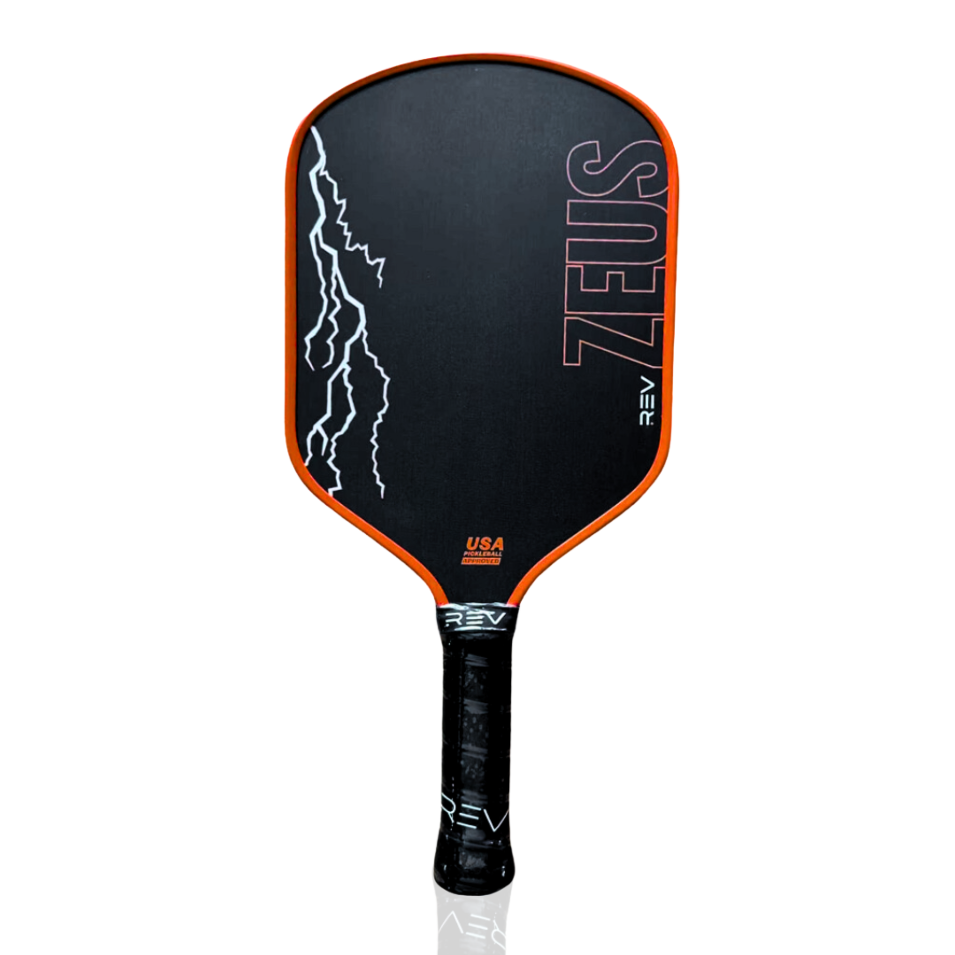 Pickleball paddle with black and orange design on a white background