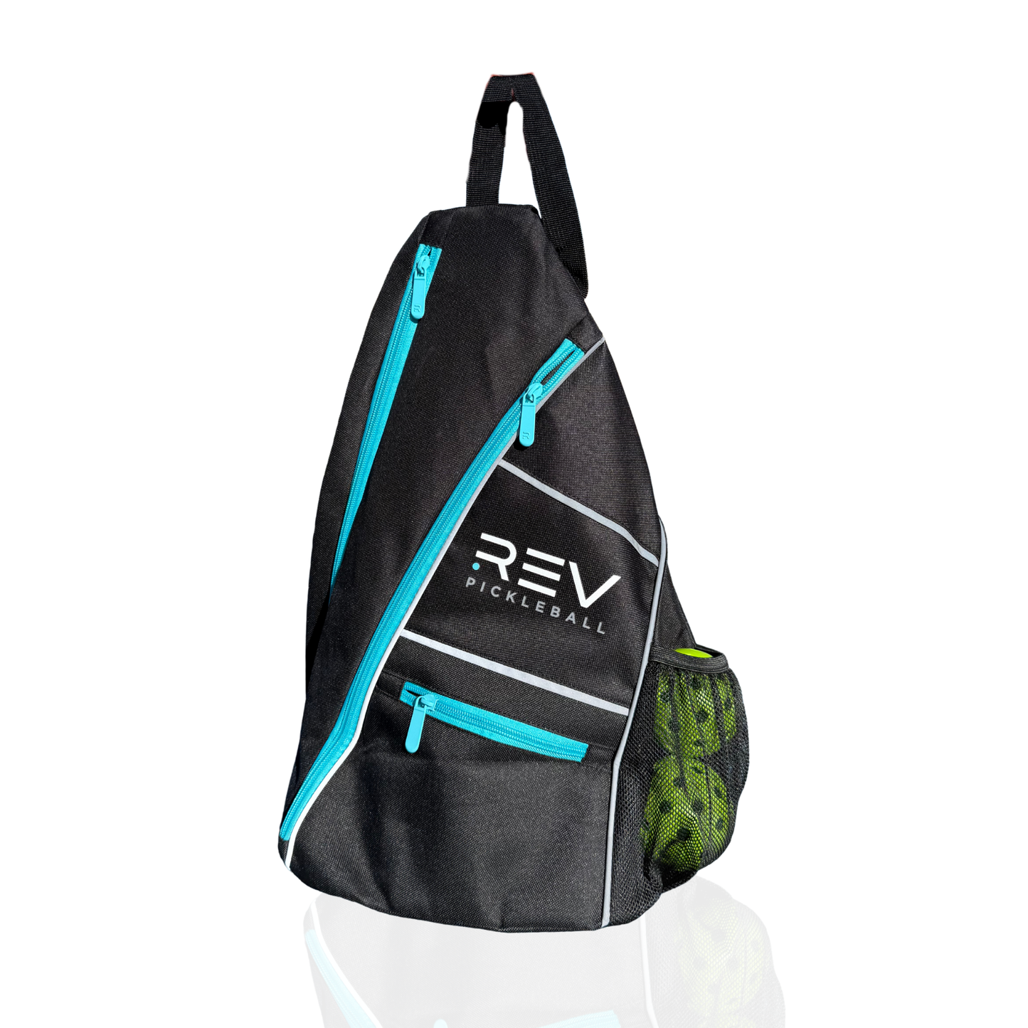 Black sling bag with turquoise accents and 'REV Pickleball' branding on a white background
