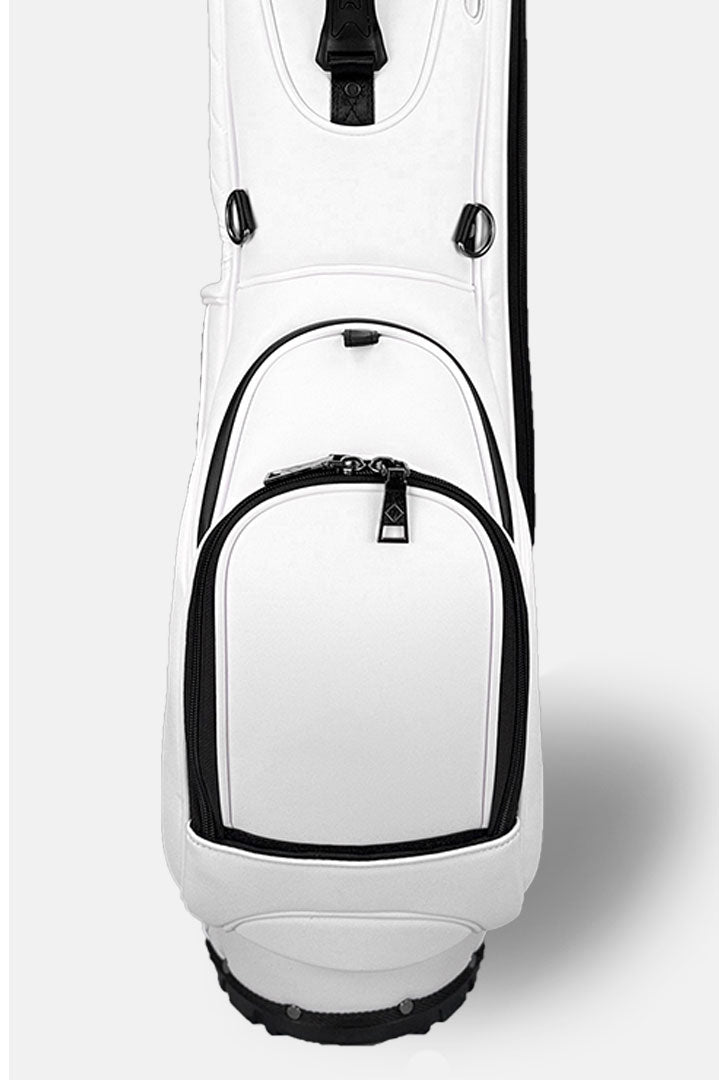White golf bag with black accents on a white background