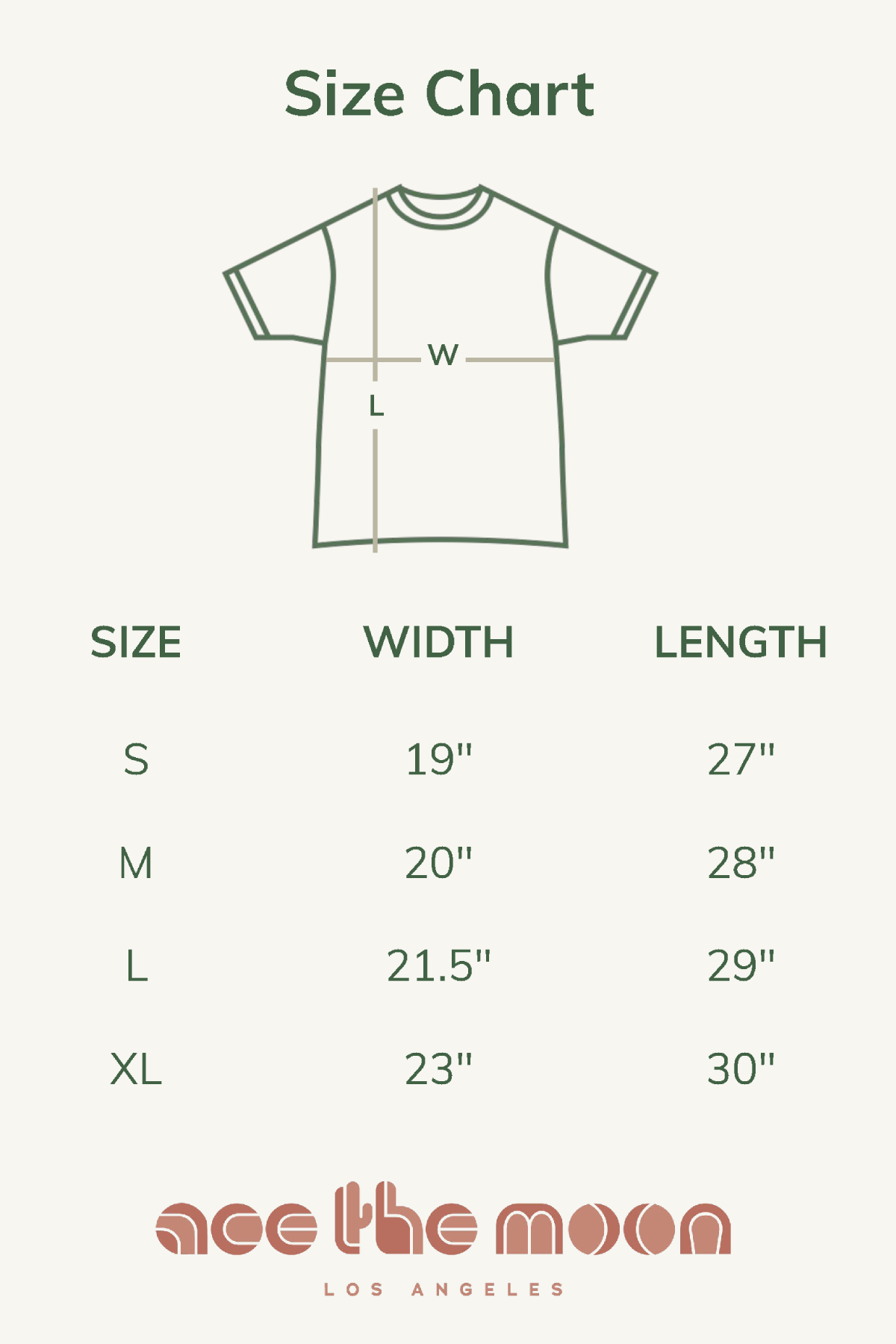 Size chart for a t-shirt with dimensions labeled and 'ace the moon' branding at the bottom.