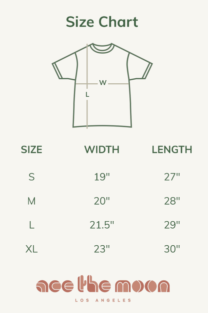 Size chart for a t-shirt with dimensions labeled and 'ace the moon' branding at the bottom.