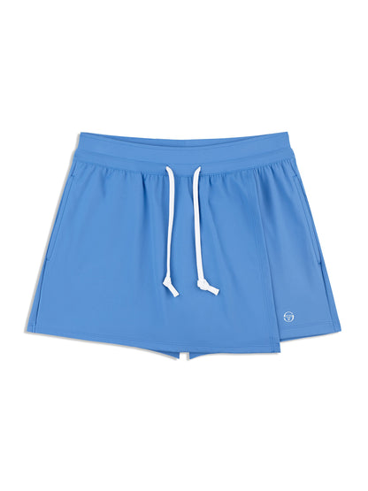 Blue shorts with a drawstring on a white background