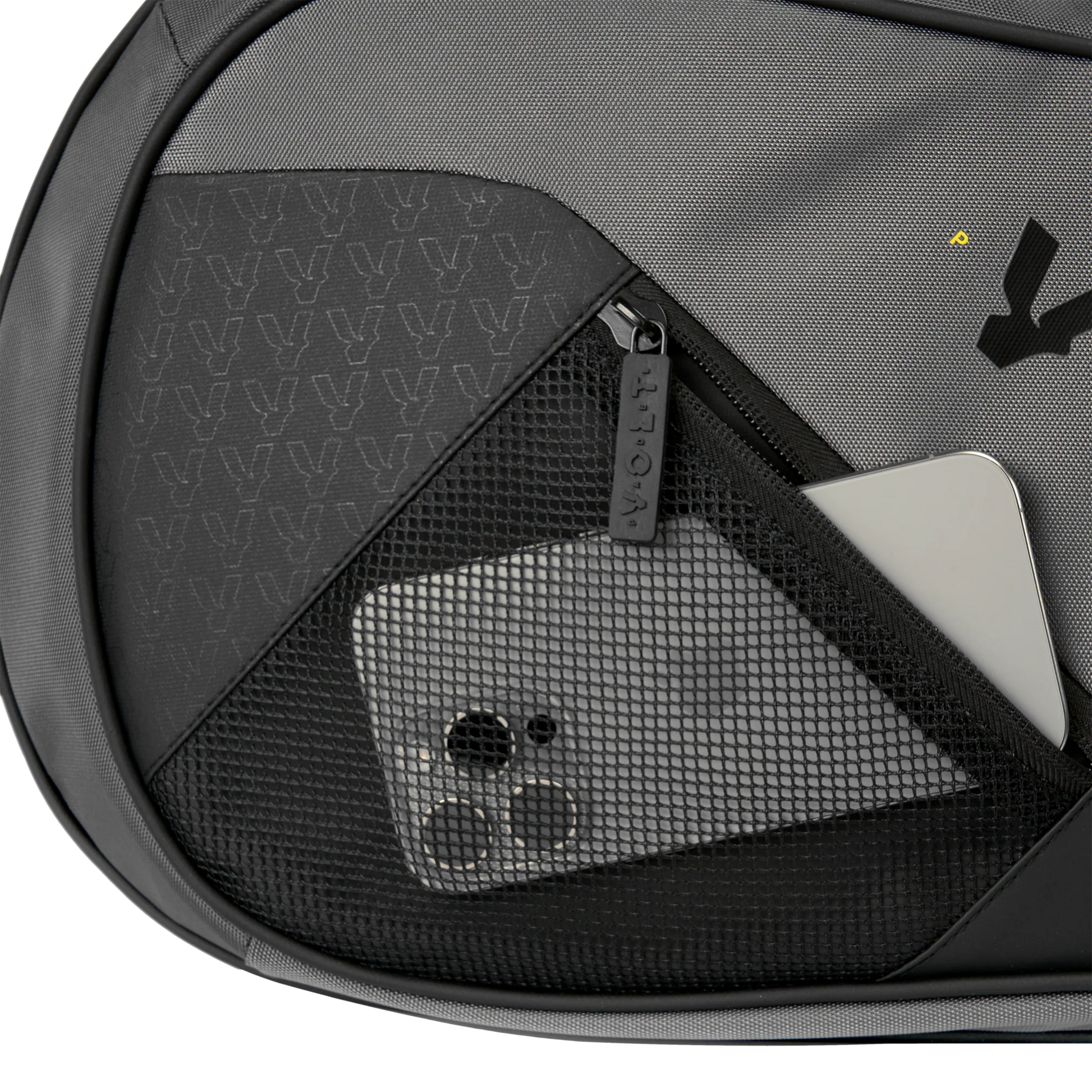 Gray backpack with a mesh pocket containing a smartphone and other items.