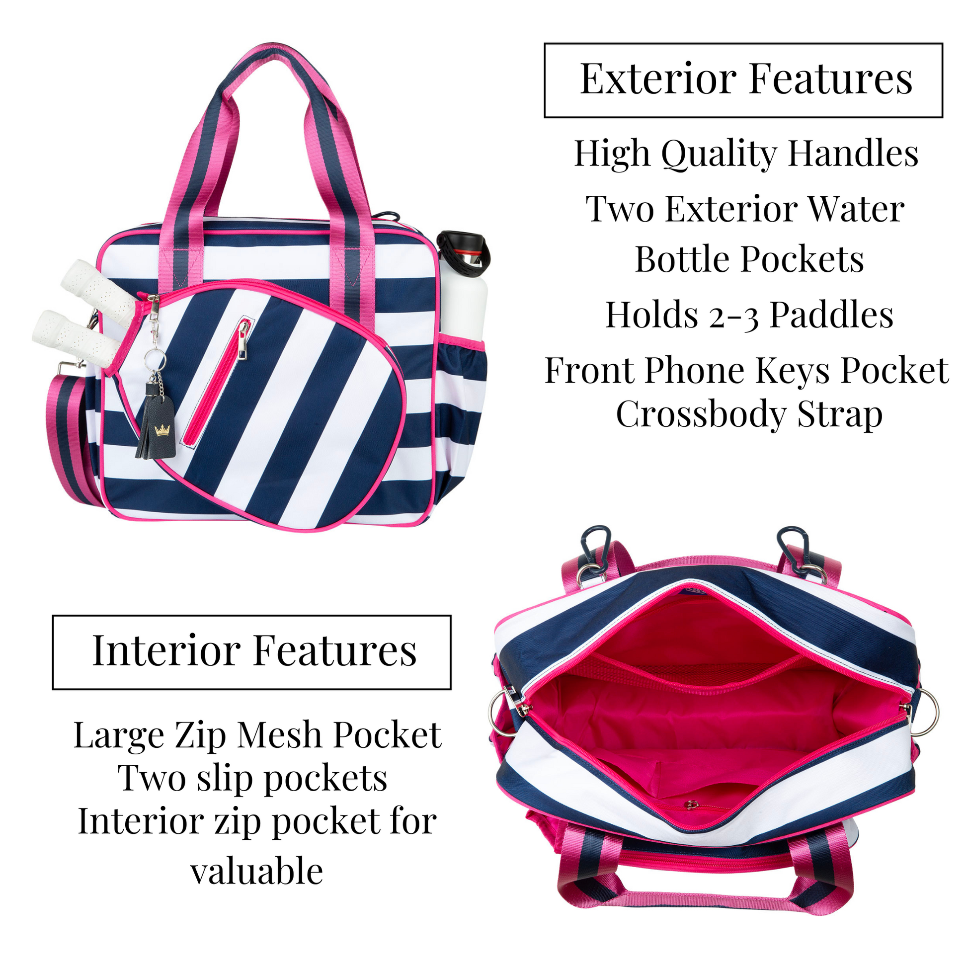 Navy and pink striped bag with features listed on a white background