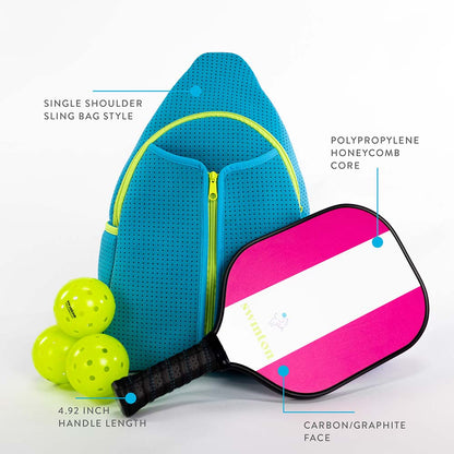 Blue pickleball bag with pink paddle and green balls on a white background