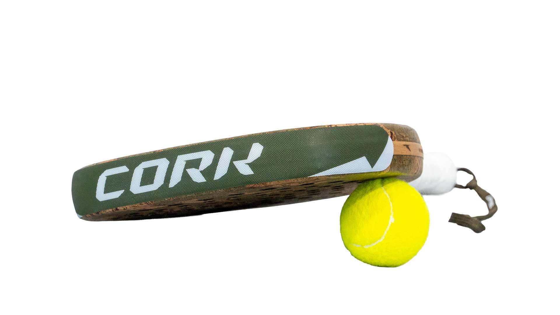 Top edge of padel racket that says cork label and yellow ball on a white background
