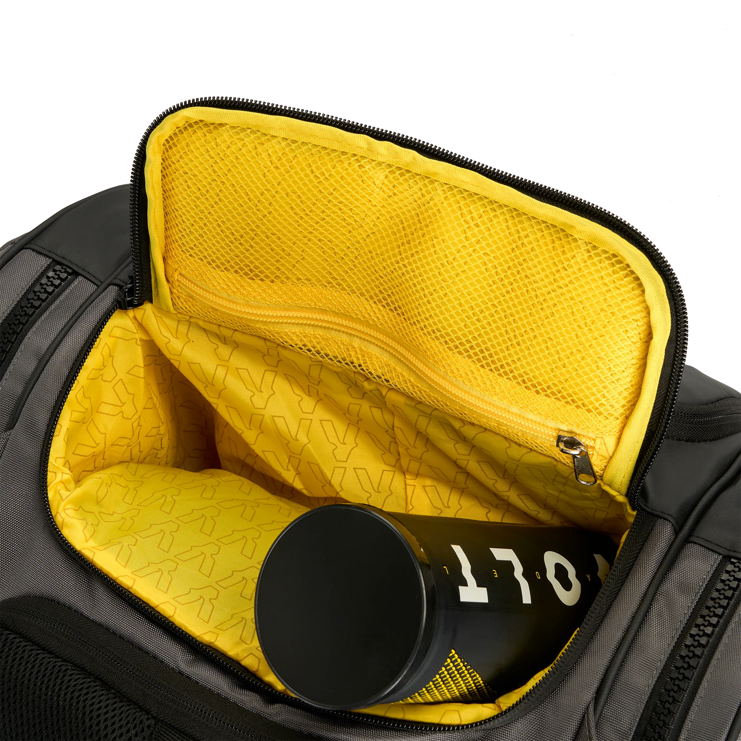 Gray backpack with yellow interior showing a black cylindrical object with '170' printed on it.