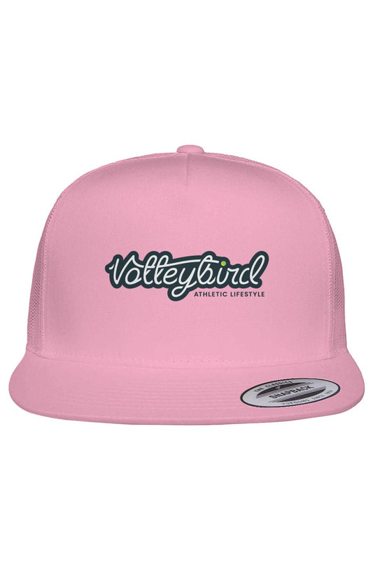 Pink Volleybird trucker hat with mesh back and embroidered 'Volleybird Athletic Lifestyle' logo on the front panel