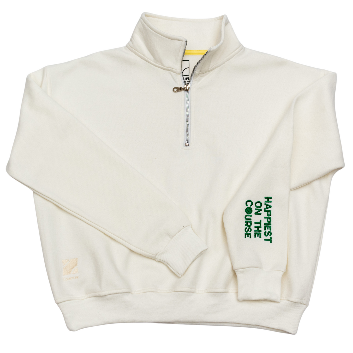 White half-zip sweatshirt with text on sleeve against a white background