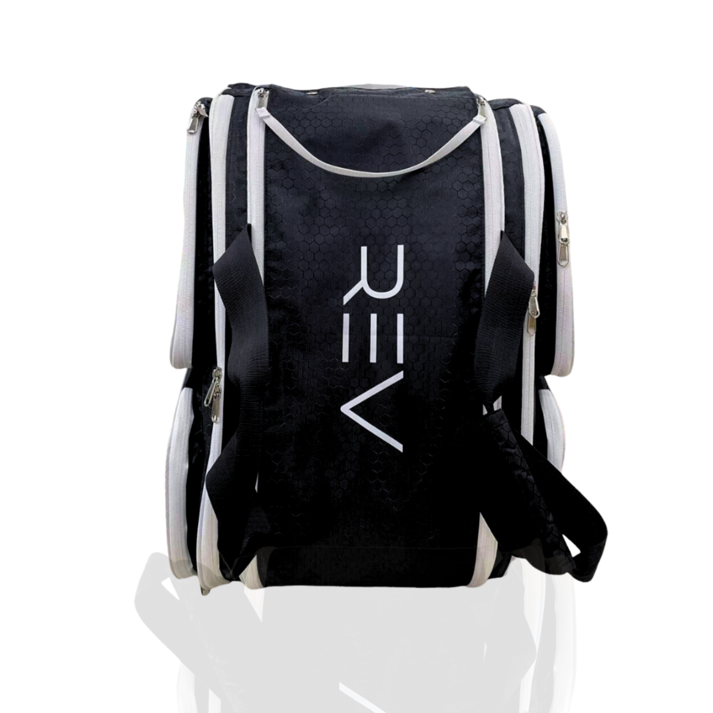 Black backpack with 'REV' logo on a white background