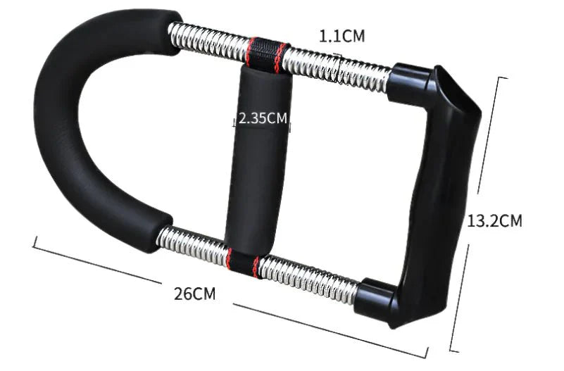 Black hand gripper with measurements on a white background
