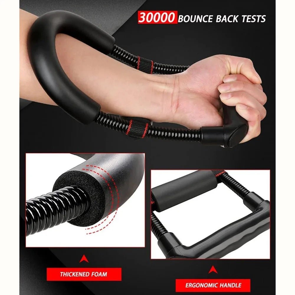 Hand holding a black resistance band with close-up details on foam and handle design, on a dark background.