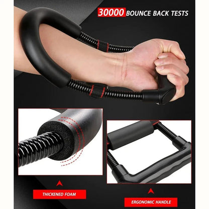 Hand holding a black resistance band with close-up details on foam and handle design, on a dark background.