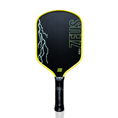 Pickleball paddle with 'Zeus' branding on a white background